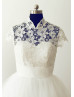 High Neck Ivory Lace Tulle Tea Length Wedding Dress